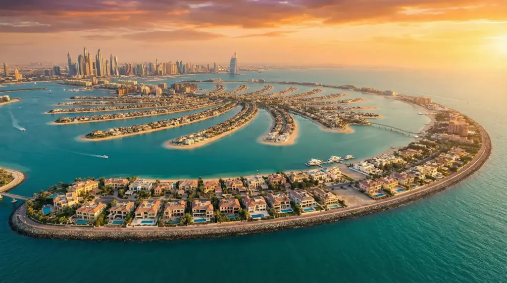 Aerial view of Palm Jumeirah Dubai at golden hour — HBS Dubai luxury real estate investment
